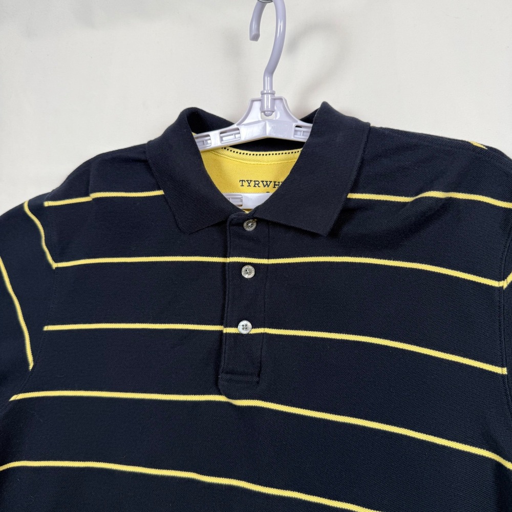 Charles Tyrwhitt Mens Large Navy Blue Yellow Striped Pique Cotton Polo Shirt
